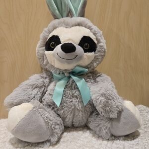 Gray Sloth Plush Toy with Teal Bow